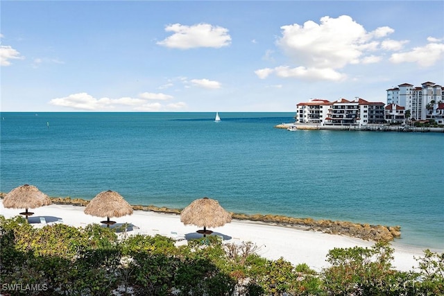 property view of water featuring a beach view