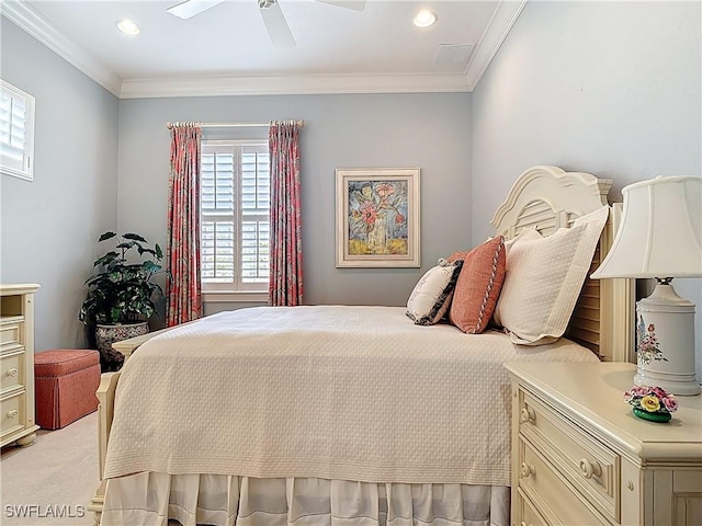 bedroom featuring light carpet, ceiling fan, ornamental molding, and recessed lighting