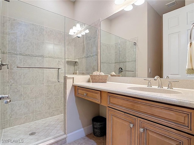 full bath featuring a stall shower, visible vents, and vanity