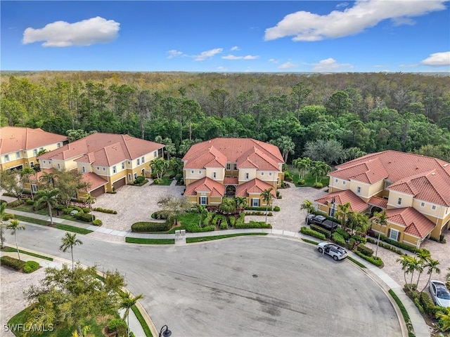 birds eye view of property with a forest view and a residential view