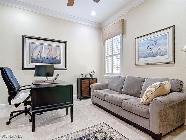 office space with ceiling fan, baseboards, crown molding, and light tile patterned flooring