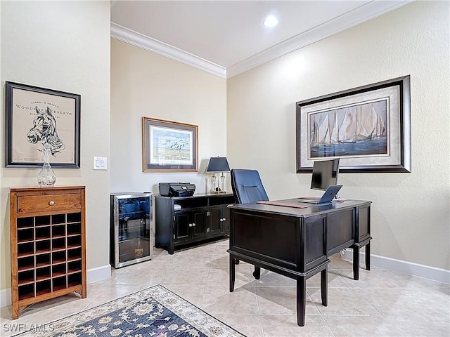 office area with light tile patterned floors, recessed lighting, beverage cooler, baseboards, and crown molding