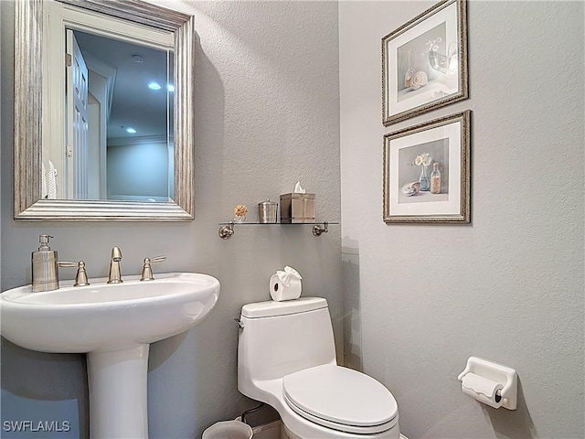 half bath featuring a textured wall, a sink, and toilet