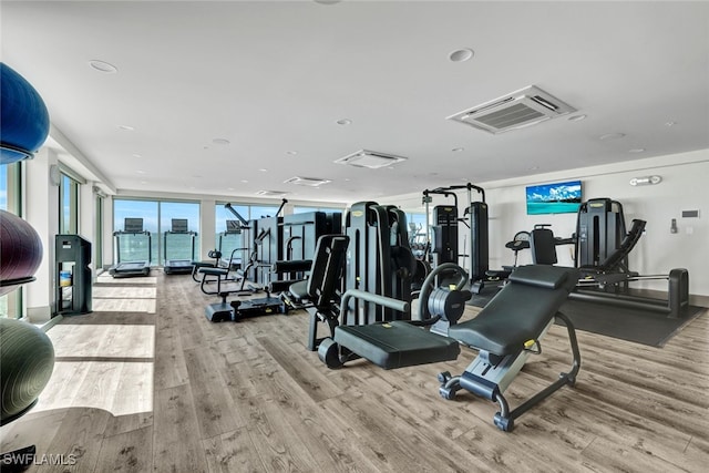 workout area featuring expansive windows, visible vents, and wood finished floors