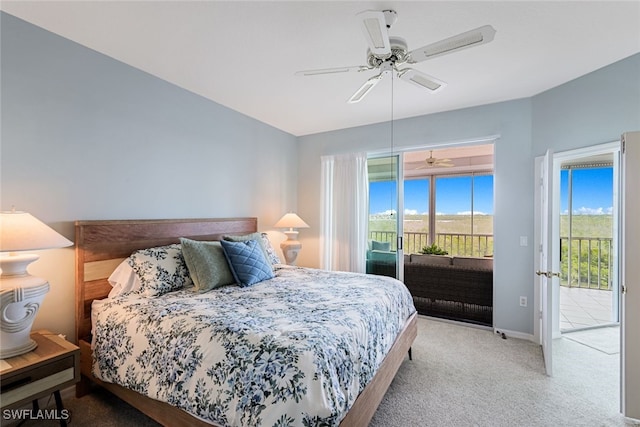 bedroom featuring access to outside, carpet, a ceiling fan, and baseboards