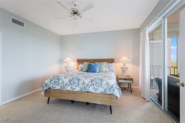 bedroom featuring carpet, visible vents, ceiling fan, and baseboards