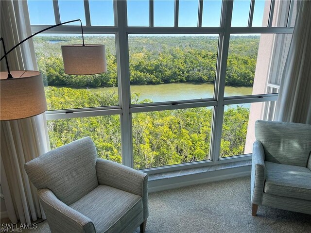 sunroom featuring a water view and a view of trees