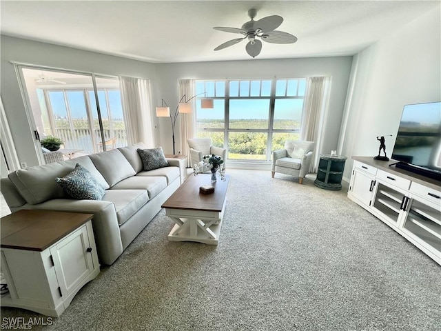 living area with ceiling fan and carpet