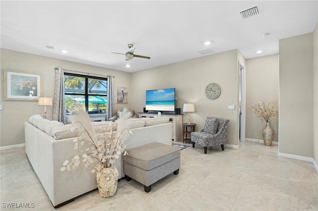 living room featuring visible vents, recessed lighting, baseboards, and ceiling fan