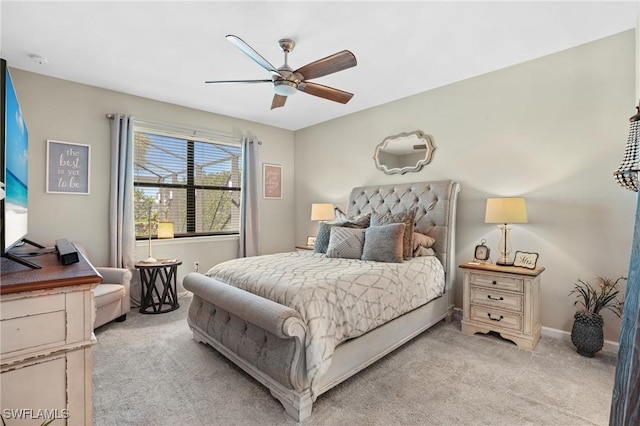 bedroom with baseboards, light colored carpet, and ceiling fan