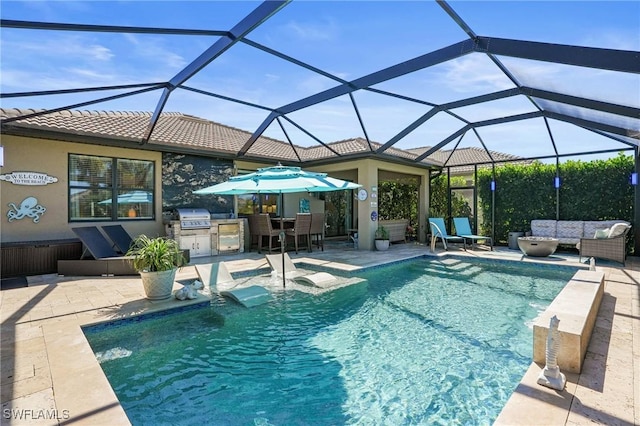 outdoor pool with a patio area, area for grilling, an outdoor kitchen, and an outdoor hangout area