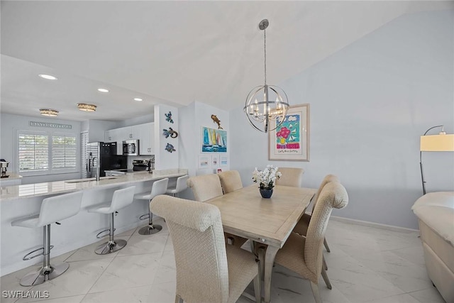 dining space with a chandelier, recessed lighting, baseboards, vaulted ceiling, and marble finish floor