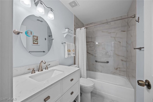 full bathroom featuring toilet, marble finish floor, visible vents, and shower / tub combo with curtain