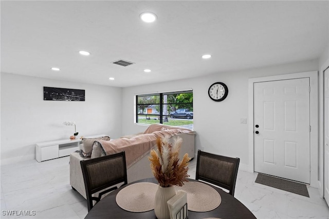 dining room with baseboards, marble finish floor, visible vents, and recessed lighting