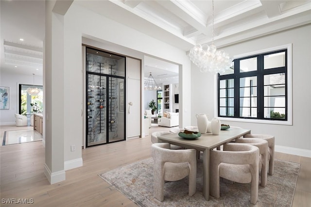 dining space featuring a chandelier, beam ceiling, coffered ceiling, and wood finished floors