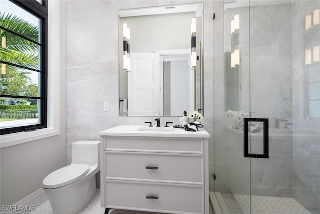 full bathroom featuring vanity, a shower stall, toilet, and tile walls