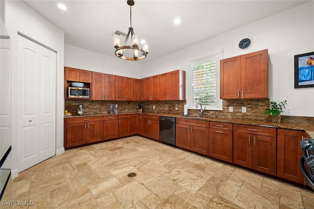 kitchen with visible vents, backsplash, dishwasher, stainless steel microwave, and an inviting chandelier