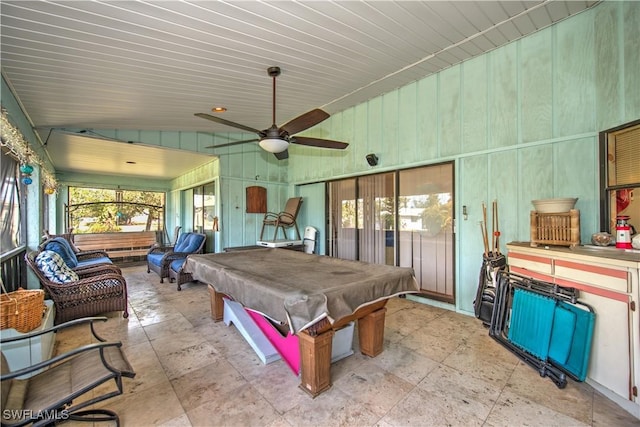 game room with high vaulted ceiling, pool table, and ceiling fan