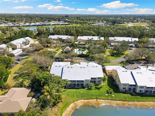 aerial view featuring a residential view and a water view