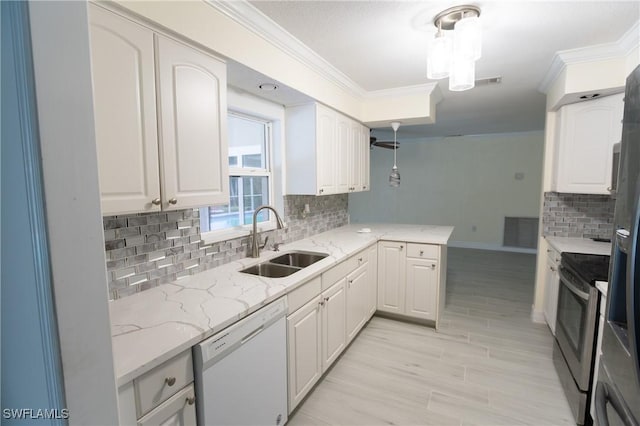 kitchen with ornamental molding, stainless steel electric range, white dishwasher, and a sink