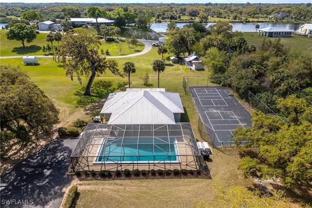 drone / aerial view featuring a water view