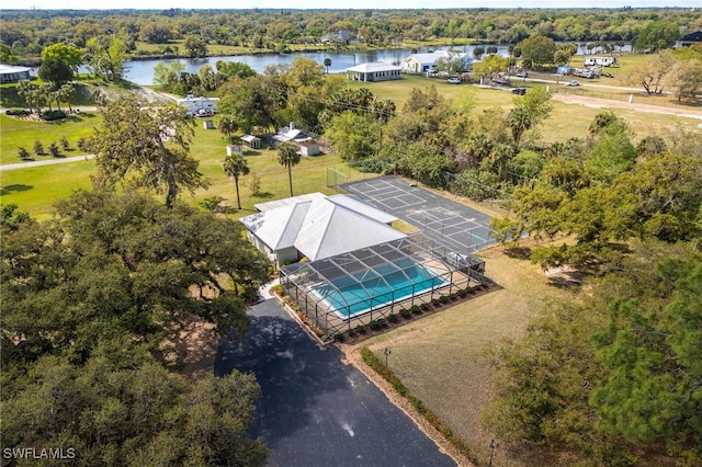 drone / aerial view featuring a water view