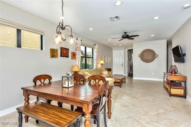 dining room with recessed lighting, visible vents, ceiling fan, and baseboards