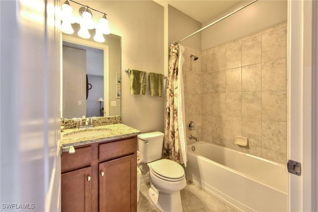 full bath featuring shower / tub combo, vanity, toilet, and tile patterned floors