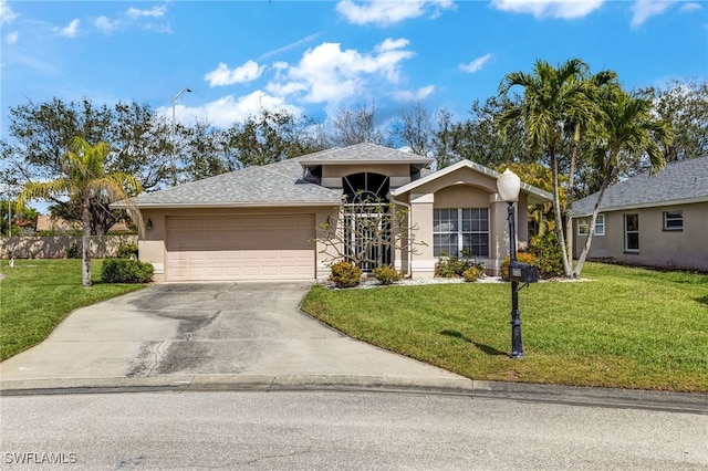 view of front of home with concrete driveway, stucco siding, an attached garage, and a front yard