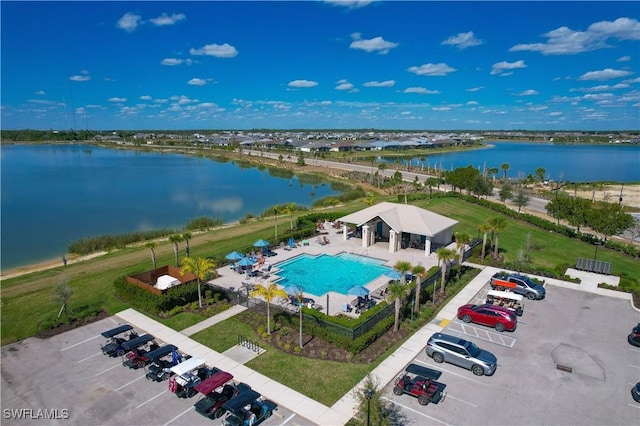 bird's eye view with a water view