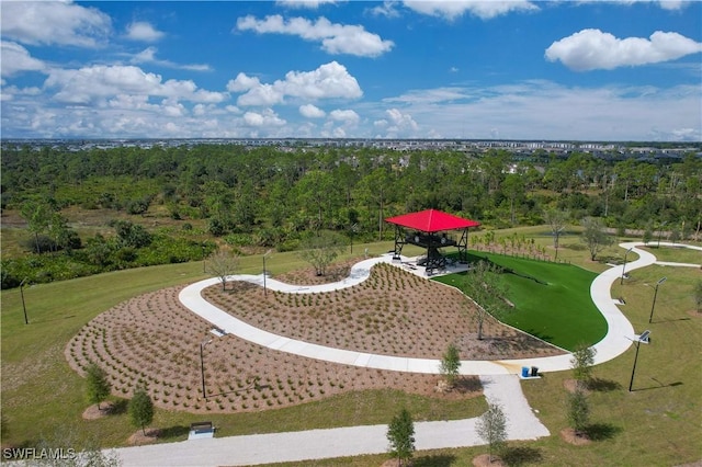 drone / aerial view featuring a view of trees