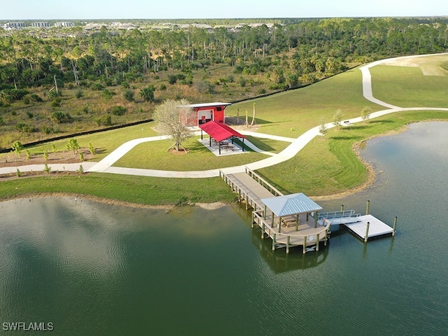 birds eye view of property featuring a water view and a forest view