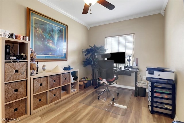 office with crown molding, a ceiling fan, and wood finished floors