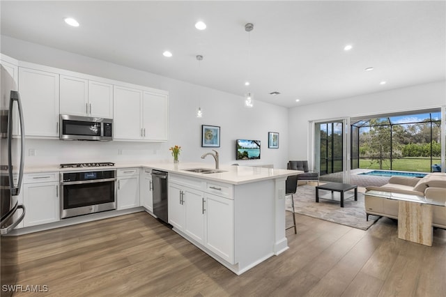 kitchen featuring open floor plan, wood finished floors, a peninsula, stainless steel appliances, and a sink