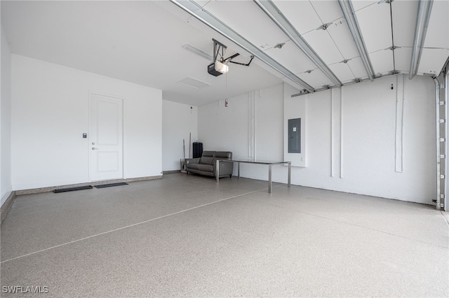 garage with electric panel and a garage door opener