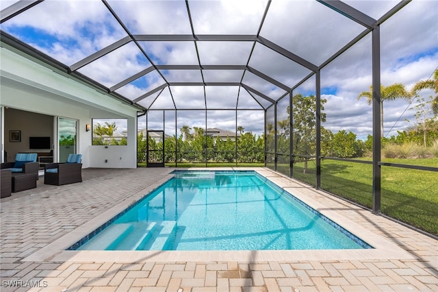 outdoor pool featuring a lanai, an outdoor hangout area, a lawn, and a patio