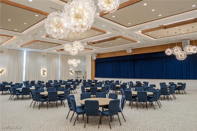 carpeted dining space featuring recessed lighting, coffered ceiling, a towering ceiling, and an inviting chandelier