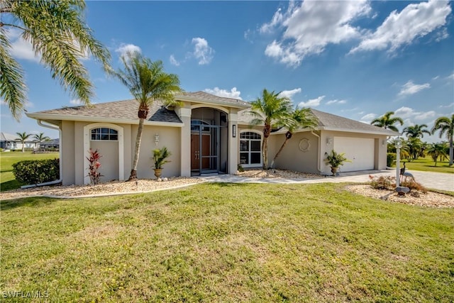 ranch-style house with a front yard, driveway, an attached garage, and stucco siding