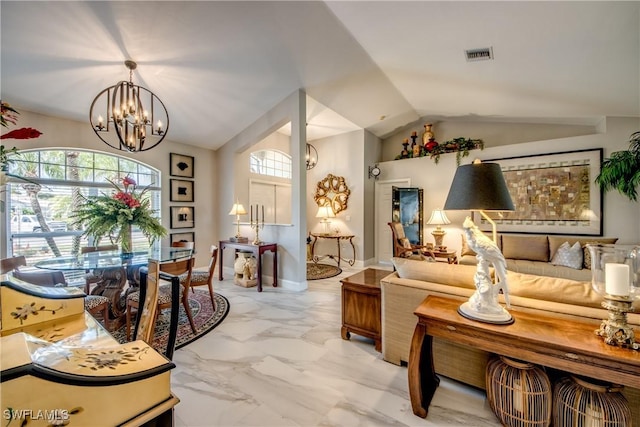 living area with baseboards, visible vents, lofted ceiling, marble finish floor, and a chandelier