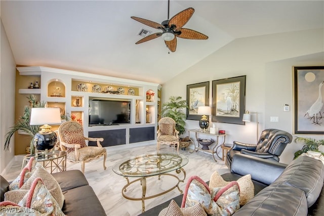 living room with vaulted ceiling, built in features, visible vents, and a ceiling fan