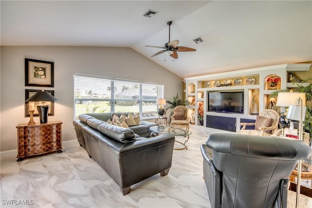 living room featuring a ceiling fan, marble finish floor, visible vents, and vaulted ceiling