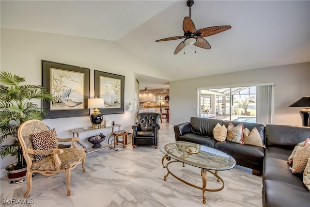 living room with vaulted ceiling, ceiling fan, and marble finish floor