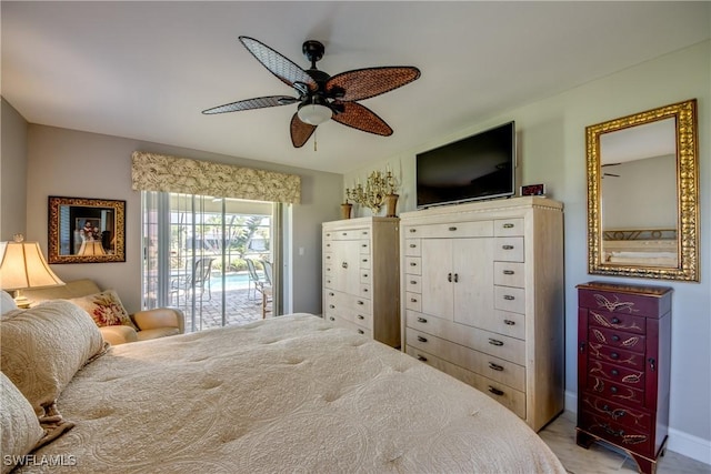 bedroom featuring access to outside and ceiling fan