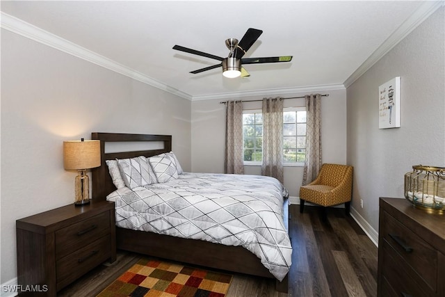 bedroom featuring dark wood-style floors, crown molding, baseboards, and ceiling fan