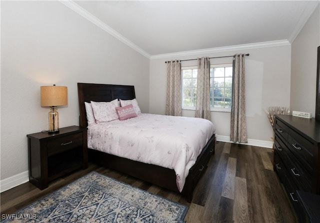 bedroom with ornamental molding, dark wood-style flooring, and baseboards