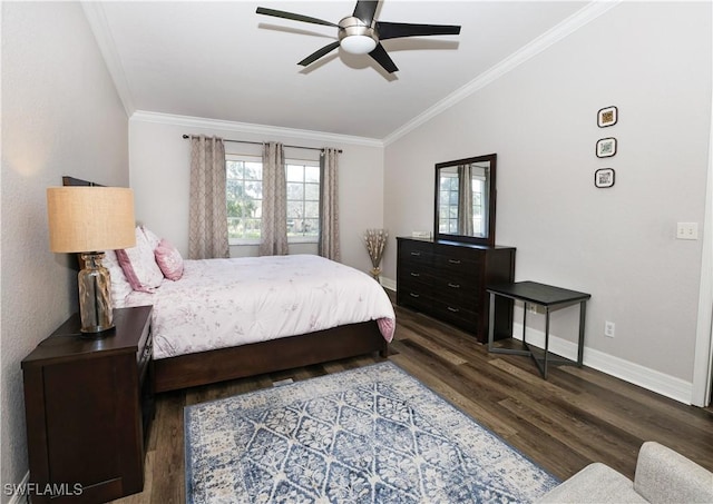 bedroom with vaulted ceiling, ornamental molding, wood finished floors, and baseboards