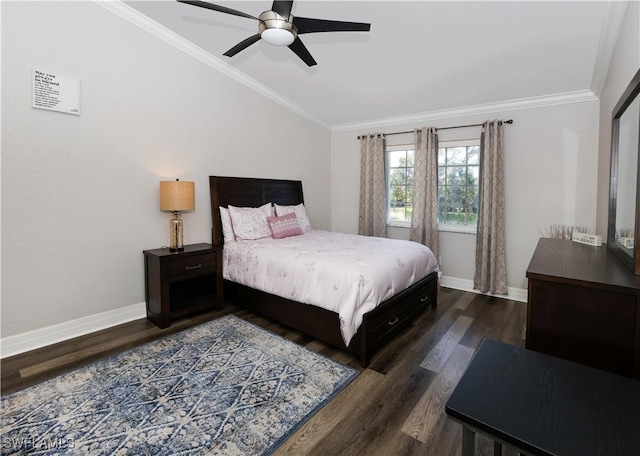 bedroom with ornamental molding, baseboards, and dark wood-style floors