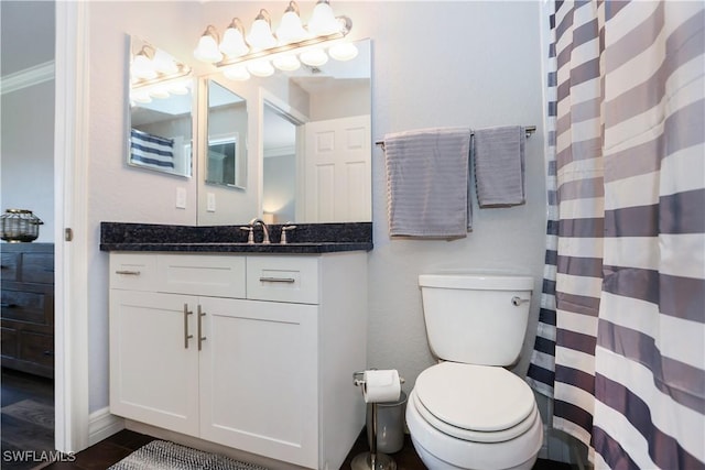 bathroom featuring curtained shower, vanity, and toilet