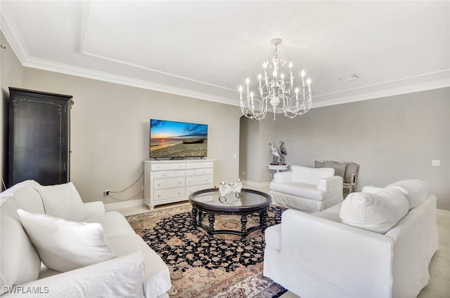 living room with crown molding, baseboards, and a chandelier