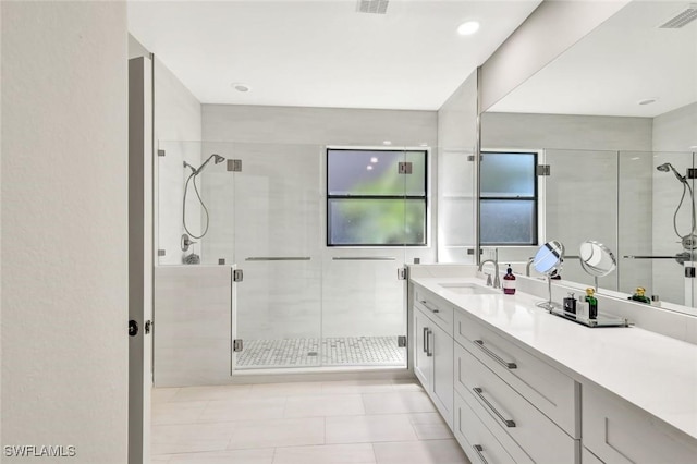 bathroom with visible vents, a stall shower, and vanity